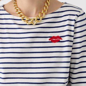 J.CREW Mariner Cloth stripe tee with embroidered chain stitch lips